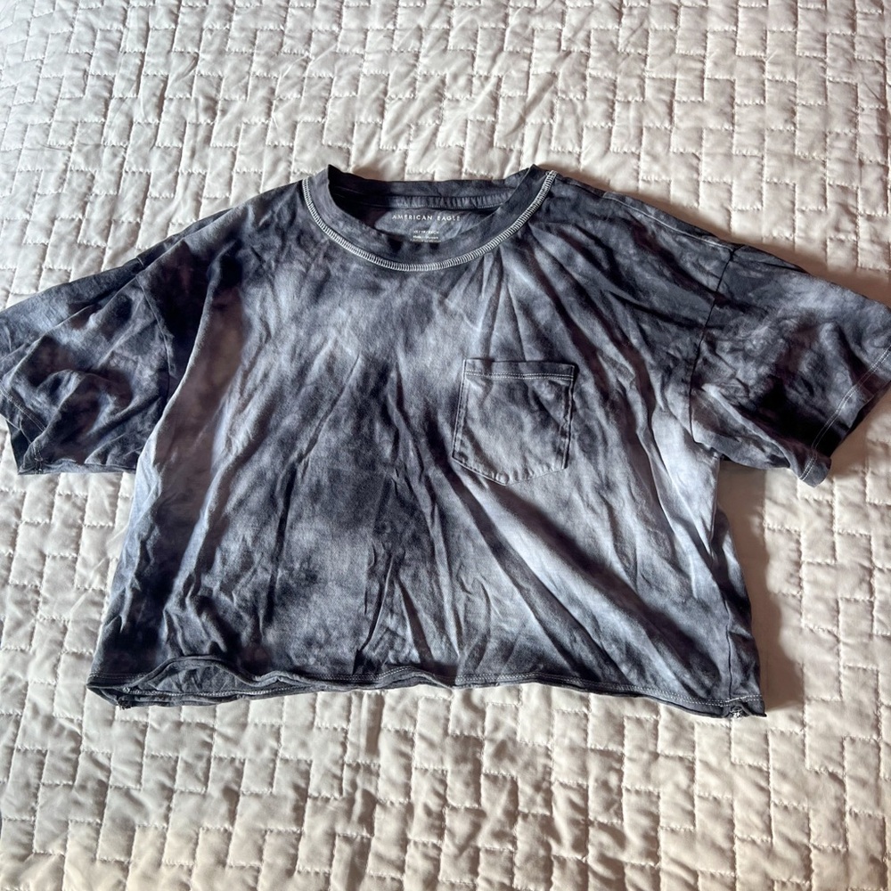American Eagle Dark Heather Grey Cropped Tie Dye Crew Neck T-Shirt Size XS